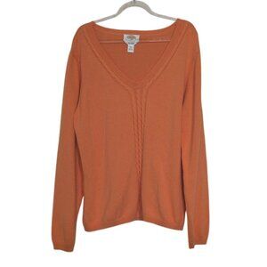 Talbots Pima Cotton Sweater Womens Size XL Orange Center Cable Knit V Neck